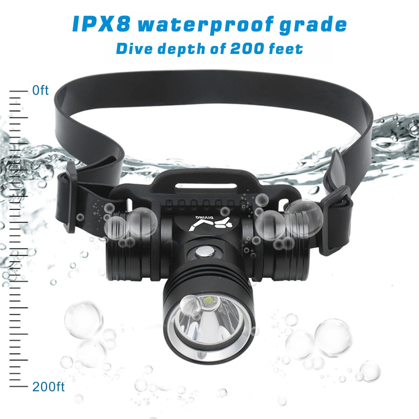 1000 Lumens IPX8 200Ft Waterproof Rechargeable Diving Headlamp